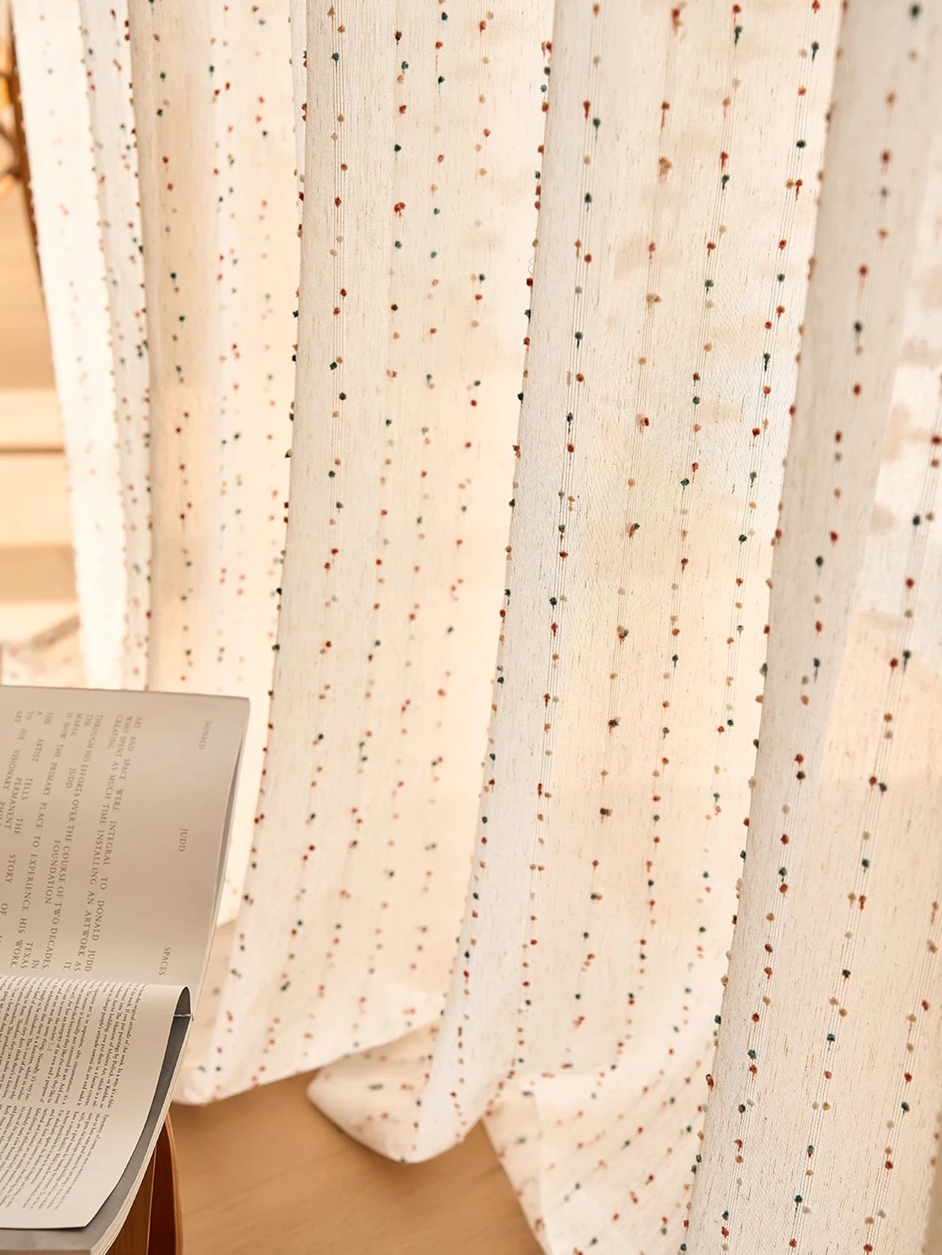 Vintage Linen-Style Transparent Curtain with Rainbow Accents