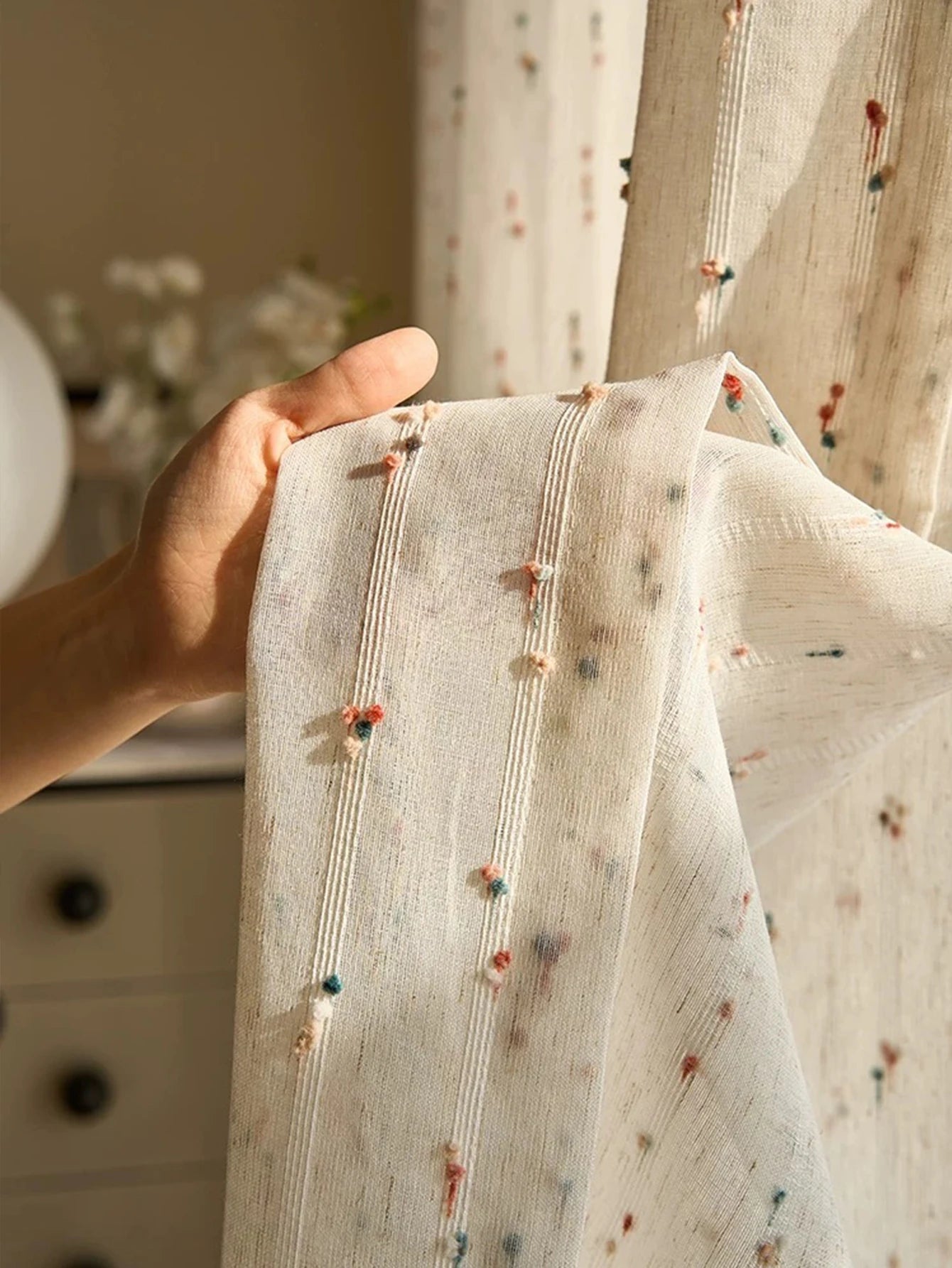 Vintage Linen-Style Transparent Curtain with Rainbow Accents