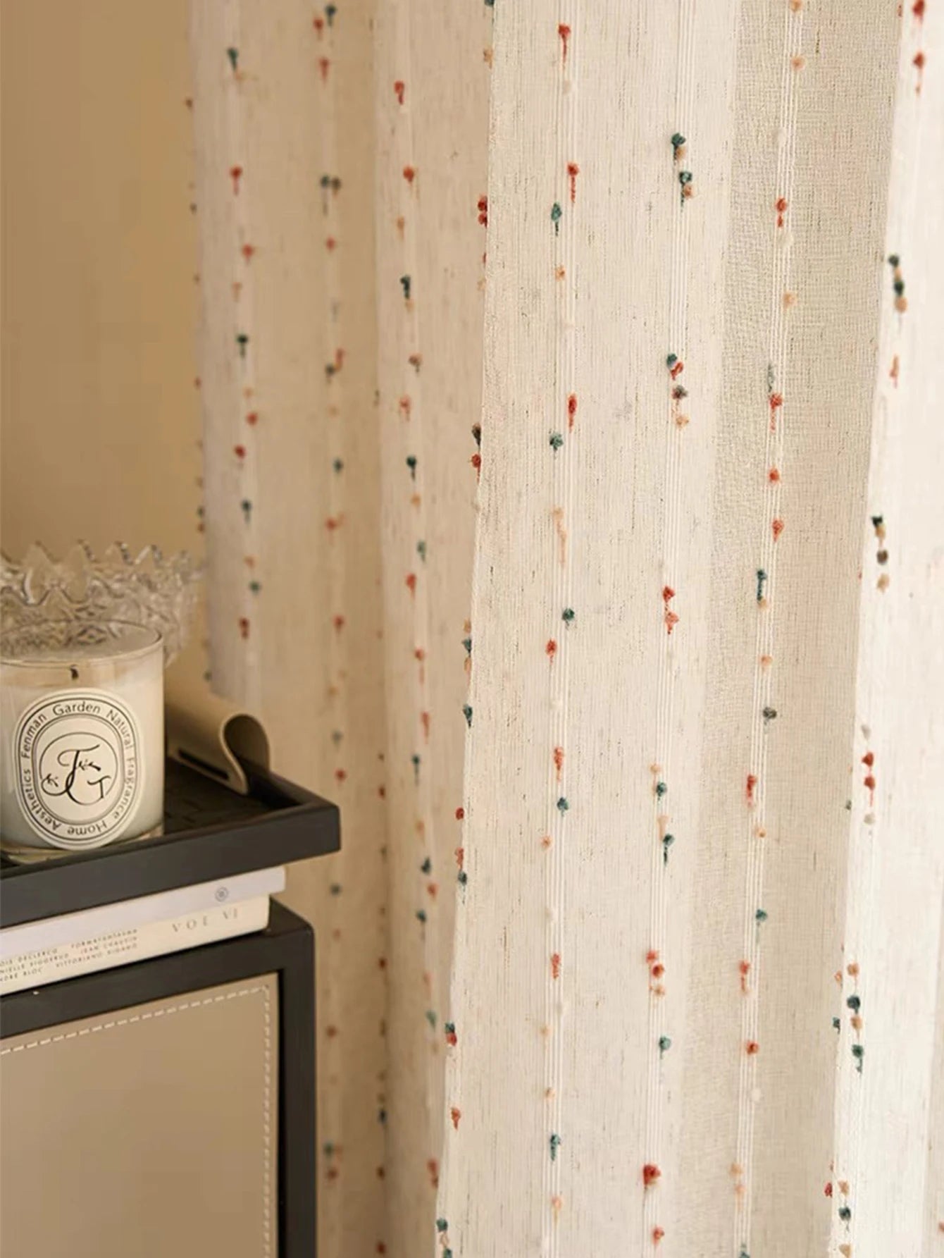 Vintage Linen-Style Transparent Curtain with Rainbow Accents