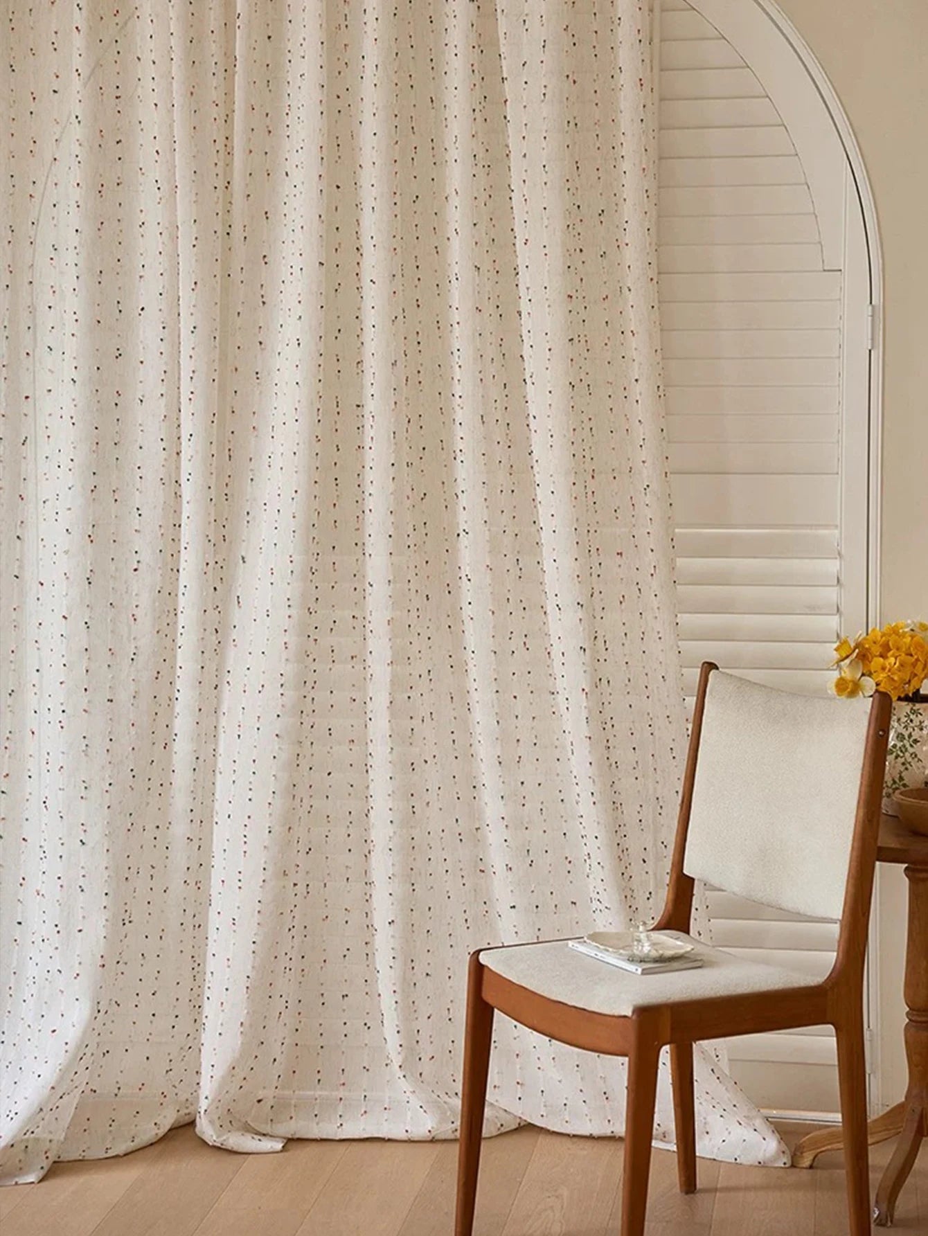 Vintage Linen-Style Transparent Curtain with Rainbow Accents