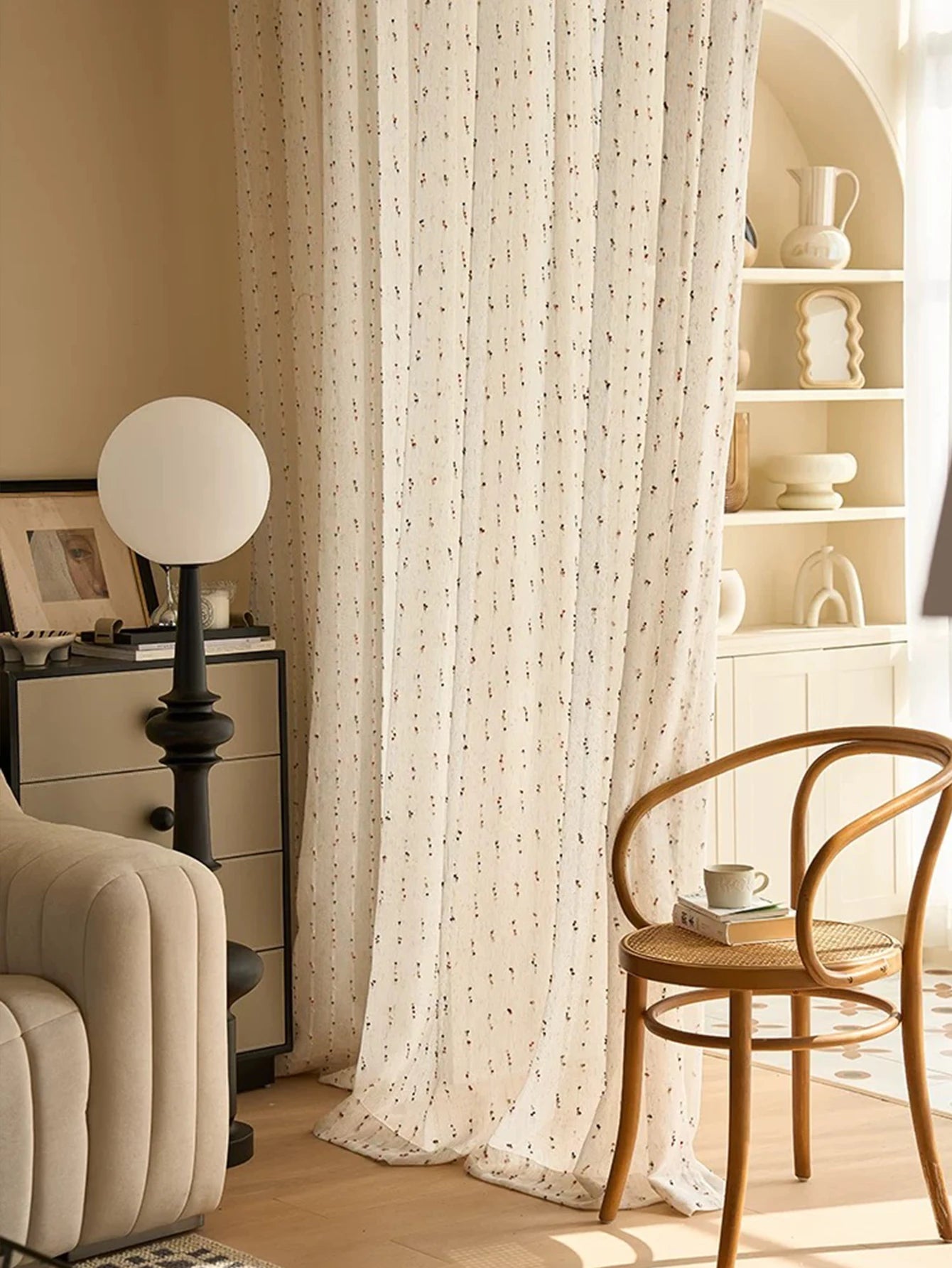 Vintage Linen-Style Transparent Curtain with Rainbow Accents