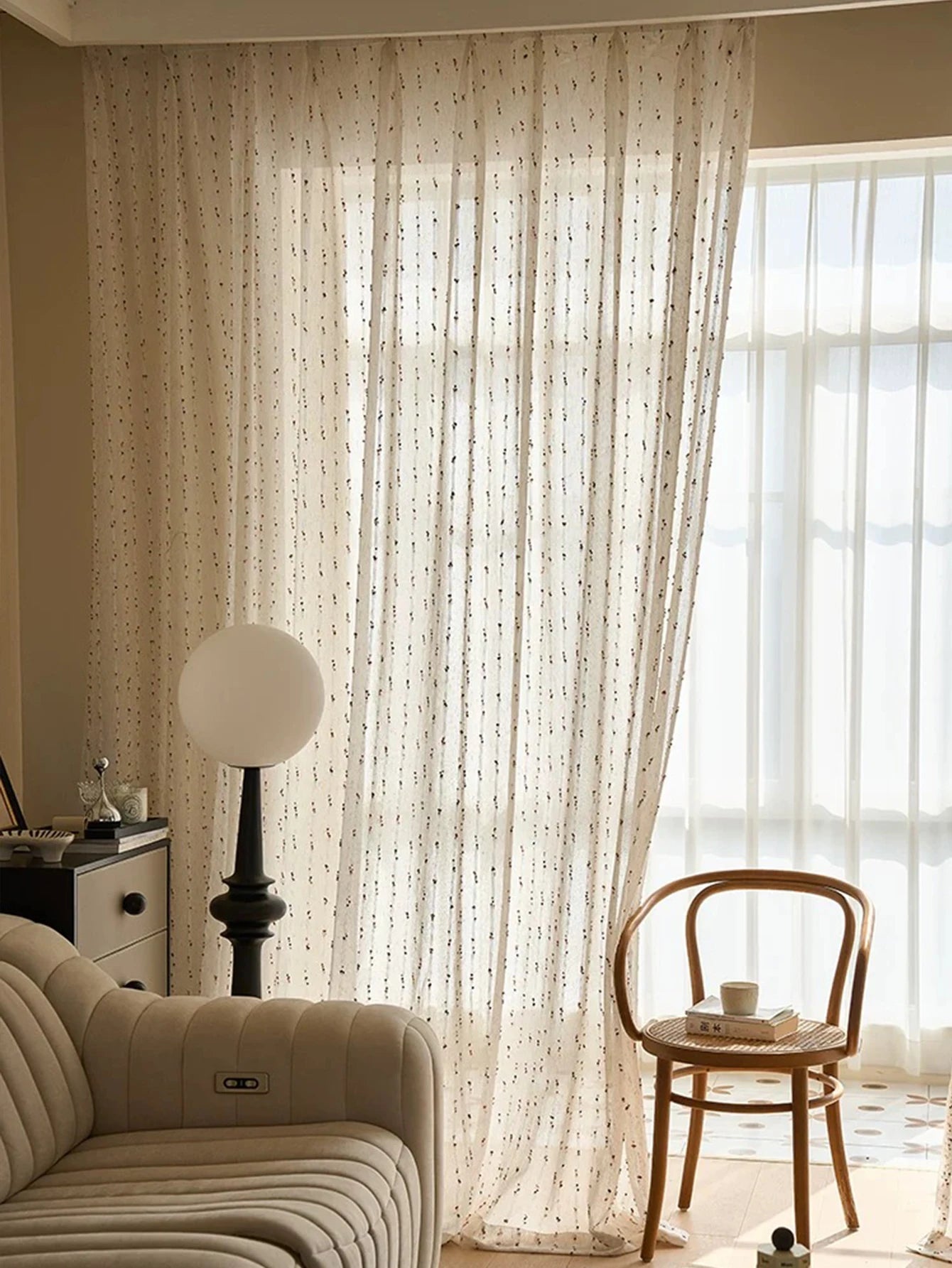 Vintage Linen-Style Transparent Curtain with Rainbow Accents